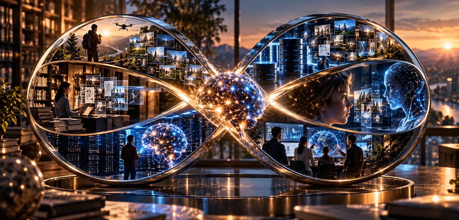 A glass infinity loop. Its left turn holds people gathering and curating knowledge, and a data centre training a network; its right turn holds a question being answered from retrieved context, and a team at work. A glowing brain sits where the loops cross.