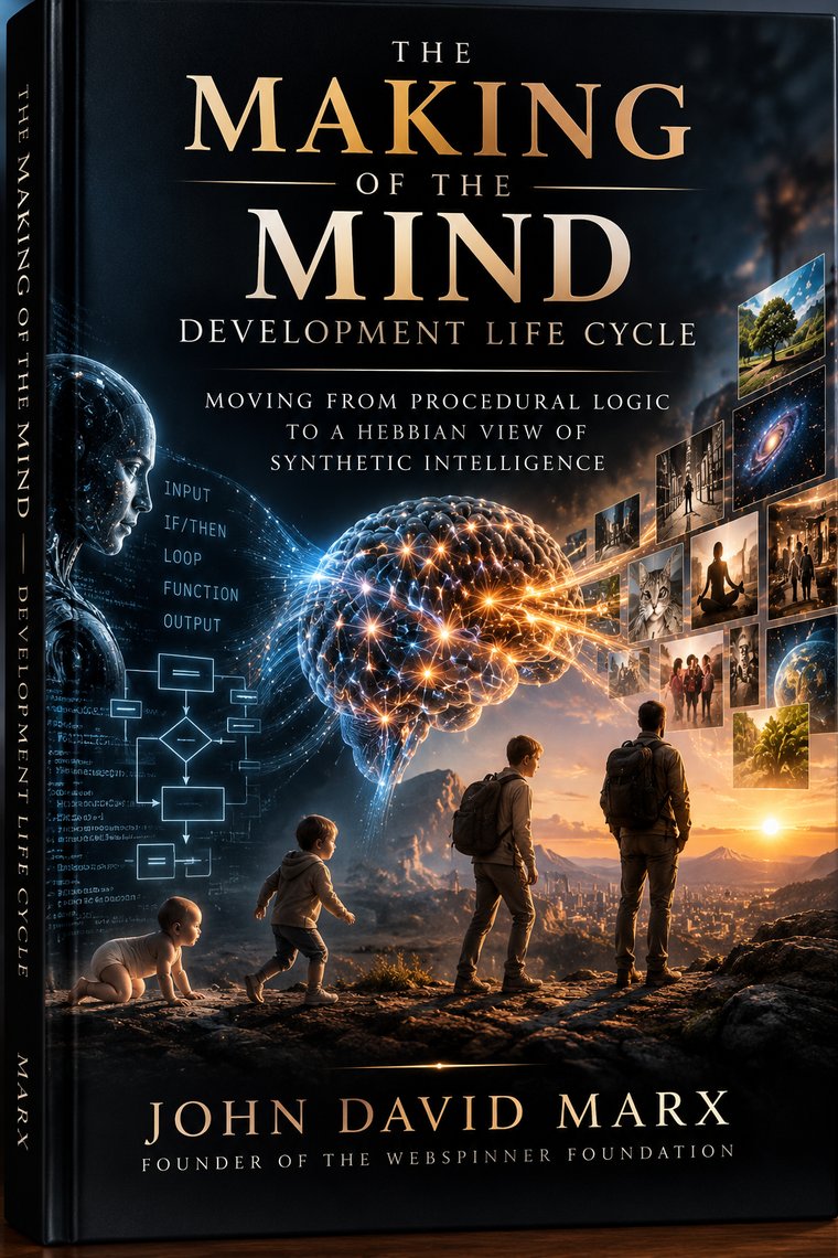 Cover art for John David Marx's textbook on the Mind Development Life Cycle: a brain between a flowchart of procedural logic and a stream of lived images, above a child growing into an adult.