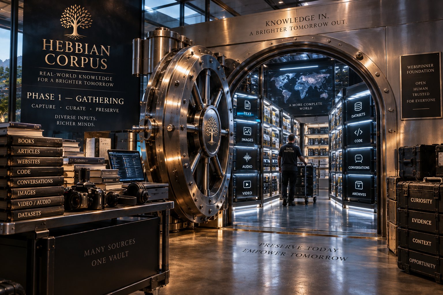 The Hebbian Corpus Vault: a great steel vault door standing open on shelves of text, images, audio, video, datasets, code and conversations, with a person wheeling a cart inside.